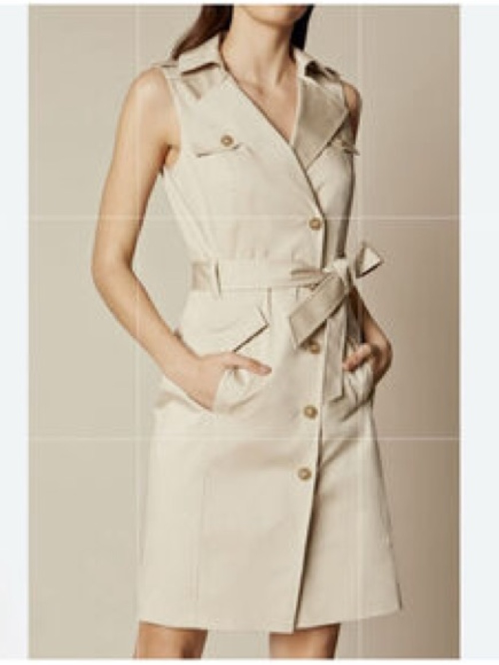 Karen Millen Sleeveless Cream Button-Front Midi Dress with Tie Belt